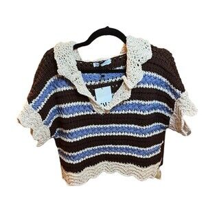 ZARA Women's Crochet Knitted Hooded Oversized Striped Top Size  Medium
